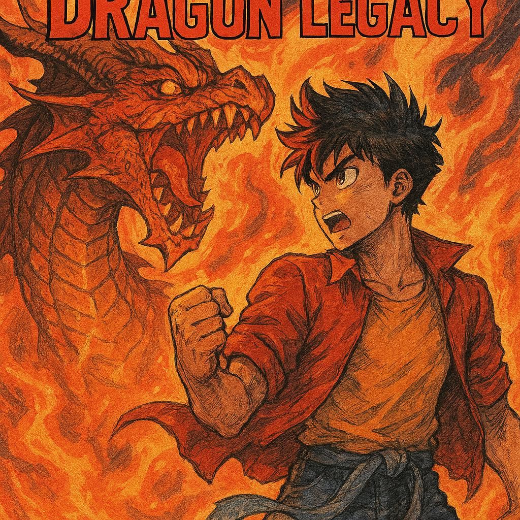 热血少年漫画《龙之传承》封面，主角手持龙纹剑站在火山口