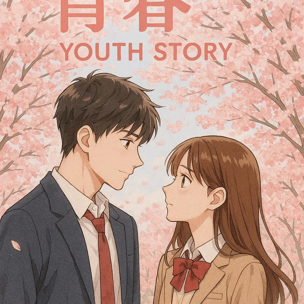 校园恋爱漫画《青春物语》封面，樱花树下男女主角对视